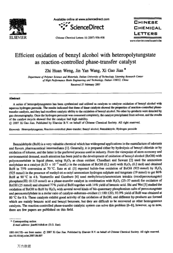 Efficient oxidation of benzyl alcohol with heteropolytungstate as reaction-controlled phase-transfer