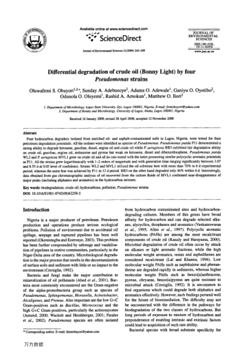 Differential degradation of crude oil (Bonny Light) by four Pseudomonas strains