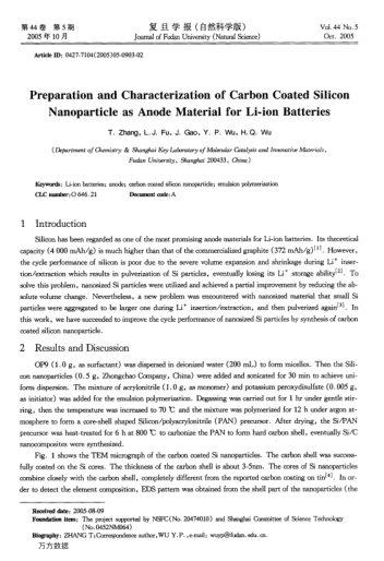 Preparation and Characterization of Carbon Coated Silicon Nanoparticle as Anode Material for Li-ion 