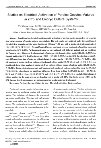 Studies on Electrical Activation of Porcine Oocytes Matured in vitro and Embryo Culture Systems
