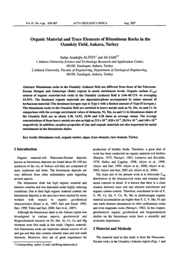 Organic Material and Trace Elements of Bituminous Rocks in the Ozank(o)y Field, Ankara, Turkey