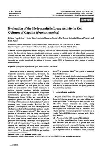 Evaluation of the Hydroxynitrile Lyase Activity in Cell Cultures of Capulin (Prunus serotina)`