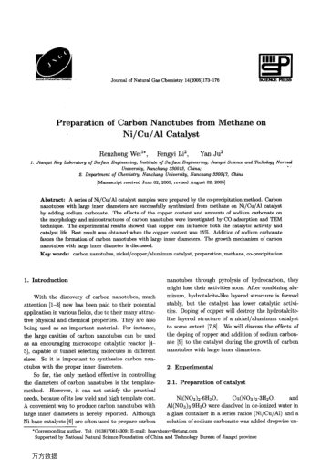 Preparation of Carbon Nanotubes from Methane on Ni/Cu/A1 Catalyst