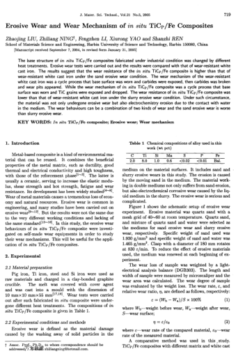 Erosive Wear and Wear Mechanism of in situ TiCp/Fe Composites