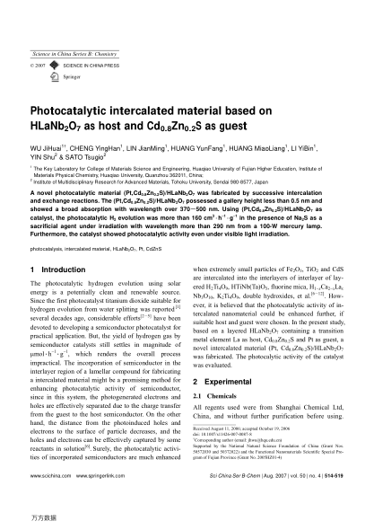 Photocatalytic intercalated material based on HLaNb2O7 as host and Cd0.8Zn0.2S as guest