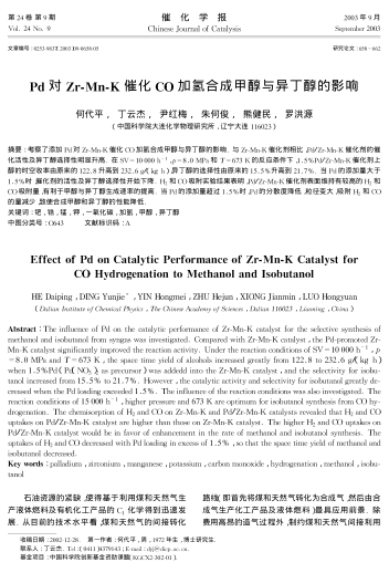 Pd對Zr-Mn-K催化CO加氫合成甲醇與異丁醇的影響