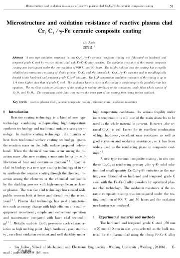 Microstructure and oxidation resistance of reactive plasma clad Cr7C3 /γ-Fe ceramic composite coatin