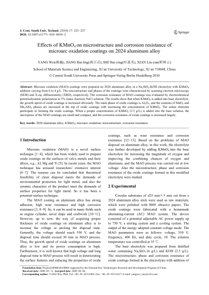 Effects of KMnO_4 on microstructure and corrosion resistance of microarc oxidation coatings on 2024 