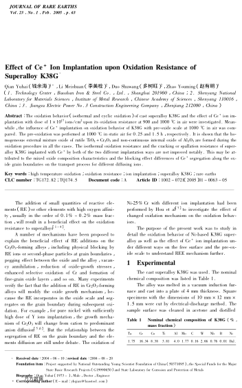 Effect of Ce+ Ion Implantation upon Oxidation Resistance of Superalloy K38G