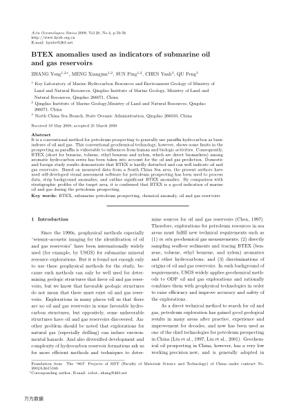 BTEX anomalies used as indicators of submarine oil and gas reservoirs