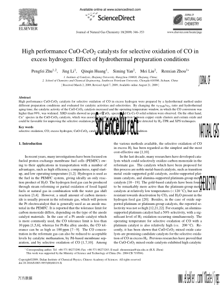 High performance CuO-CeO_2 catalysts for selective oxidation of CO in excess hydrogen: Effect of hyd