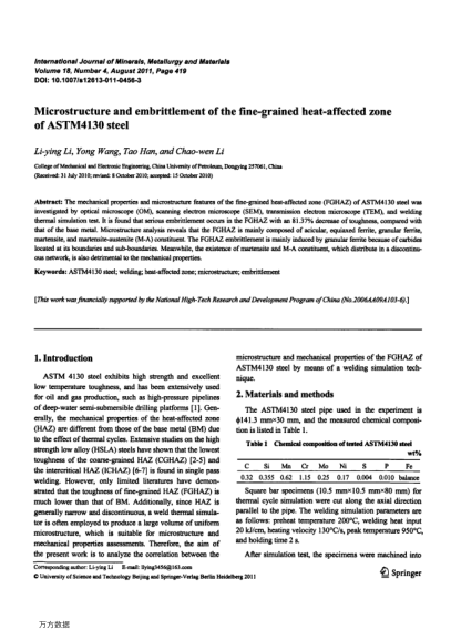 Microstructure and embrittlement of the fine-grained heat-affected zone of ASTM4130 steel