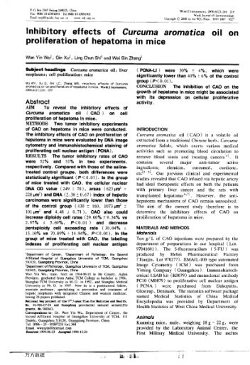 Inhibitory effects of Curcuma aromatica oil on proliferation of hepatoma in mice