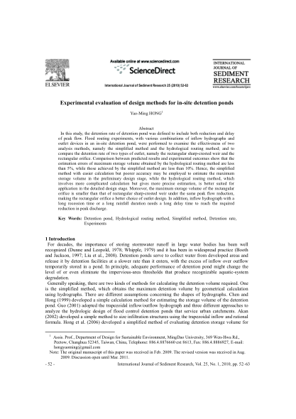 Experimental evaluation of design methods for in-site detention ponds