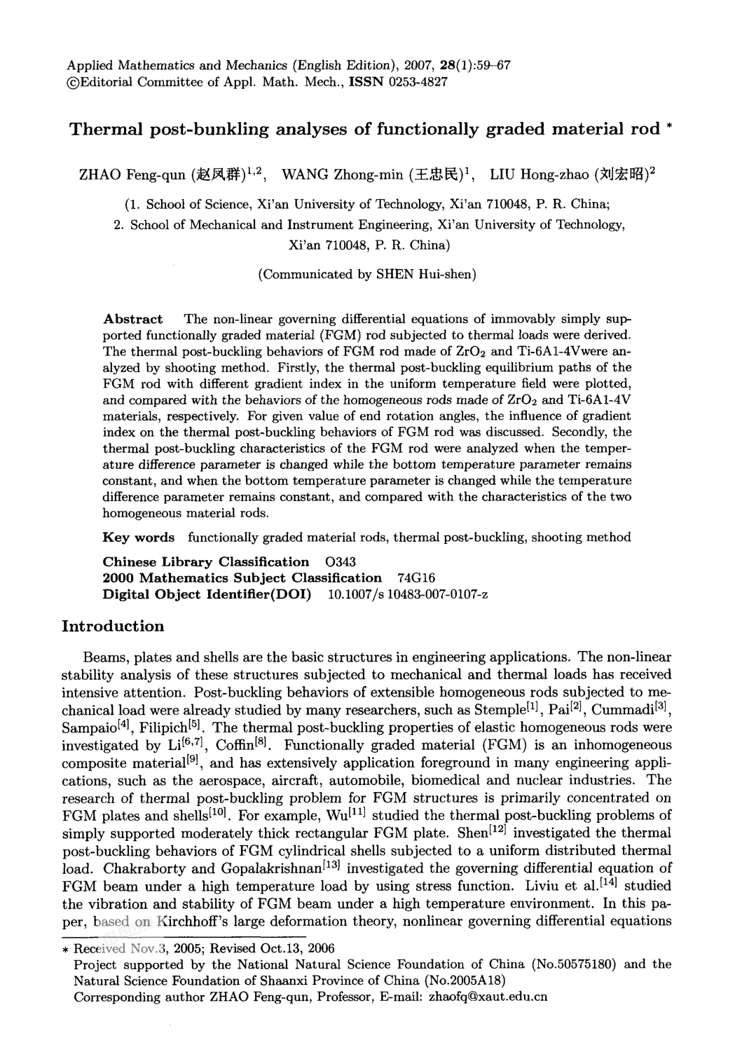 Thermal post-bunkling analyses of functionally graded material rod