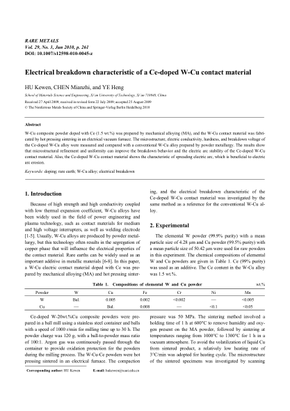 Electrical breakdown characteristic of a Ce-doped W-Cu contact material