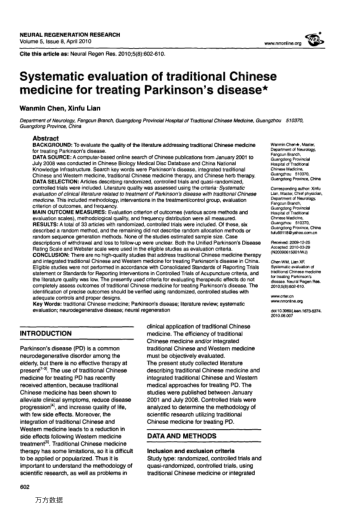 Systematic evaluation of traditional Chinese medicine for treating Parkinson's disease