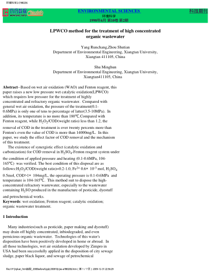 LPWCO method for the treatment of high concentrated organic wastewater