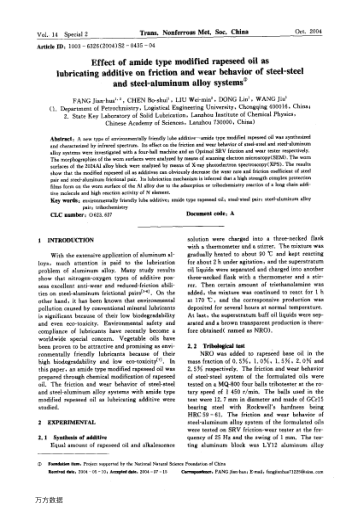 Effect of amide type modified rapeseed oil as lubricating additive on friction and wear behavior of 