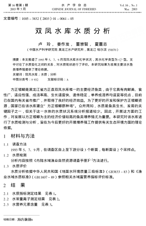 雙鳳水庫(kù)水質(zhì)分析