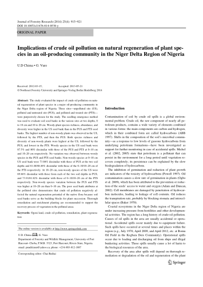 Implications of crude oil pollution on natural regeneration of plant spe-cies in an oil-producing co