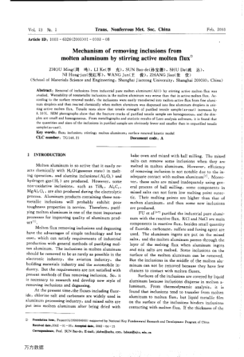 Mechanism of removing inclusions from molten aluminum by stirring active molten flux