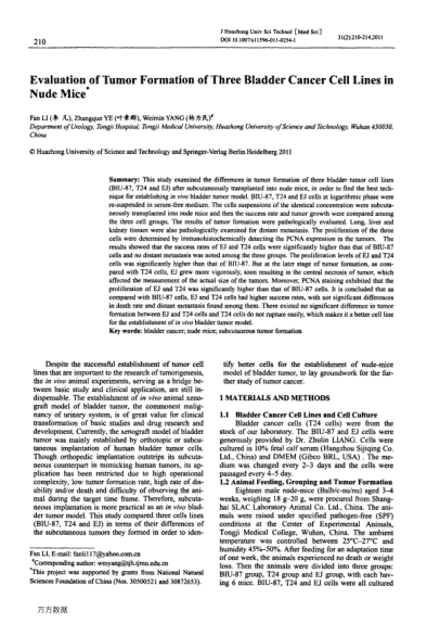 Evaluation of Tumor Formation of Three Bladder Cancer Cell Lines in Nude Mice