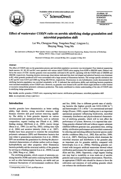 Effect of wastewater COD/N ratio on aerobic nitrifying sludge granulation and microbial population s
