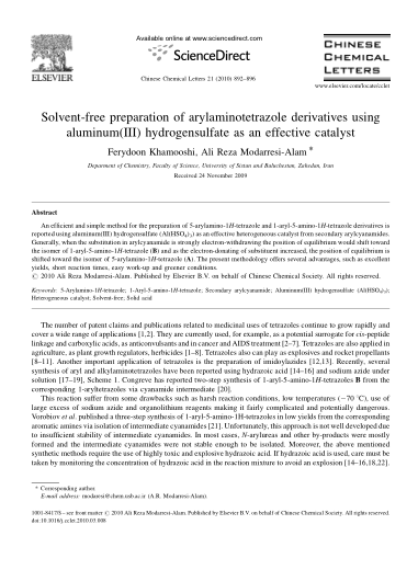 Solvent-free preparation of arylaminotetrazole derivatives using aluminum(Ⅲ) hydrogensulfate as an e