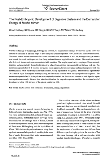 The Post-Embryonic Development of Digestive System and the Demand of Energy of Hucho taimen