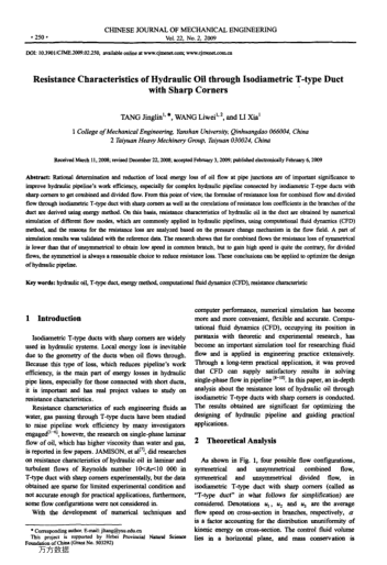 Resistance Characteristics of Hydraulic Oil through Isodiametric T-type Duct with Sharp Corners