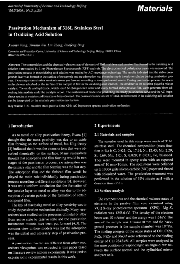 Passivation Mechanism of 316L Stainless Steel in Oxidizing Acid Solution