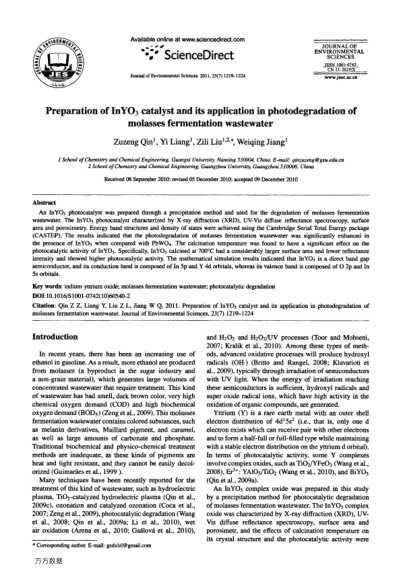 Preparation of InYO3 catalyst and its application in photodegradation of molasses fermentation waste