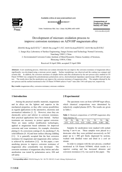 Development of microarc oxidation process to improve corrosion resistance on AZ91HP magnesium alloy