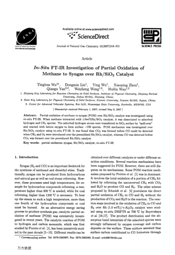 In-Situ FT-IR Investigation of Partial Oxidation of Methane to Syngas over Rh/SiO2 Catalyst