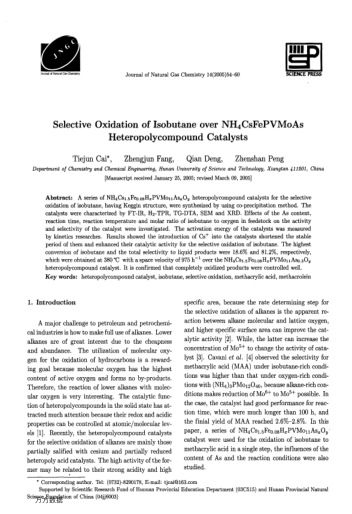 Selective Oxidation of Isobutane over NH4CsFePVMoAs Heteropolycompound Catalysts