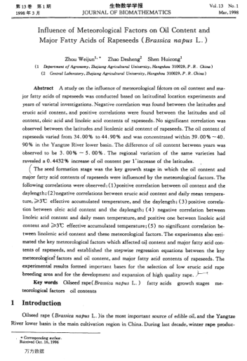 Influence of Meteorological Factors on Oil Content and Major Fatty Acids of Rapeseeds (Brassica napu
