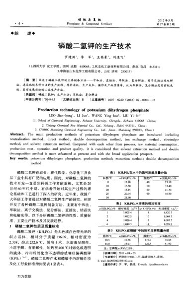 磷酸二氫鉀的生產(chǎn)技術(shù)