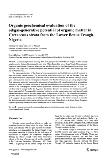 Organic geochemical evaluation of the oil/gas-generative potential of organic matter in Cretaceous s