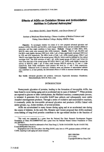 Effects of AGEs on Oxidation Stress and Antioxidation Abilities in Cultured Astrocytes