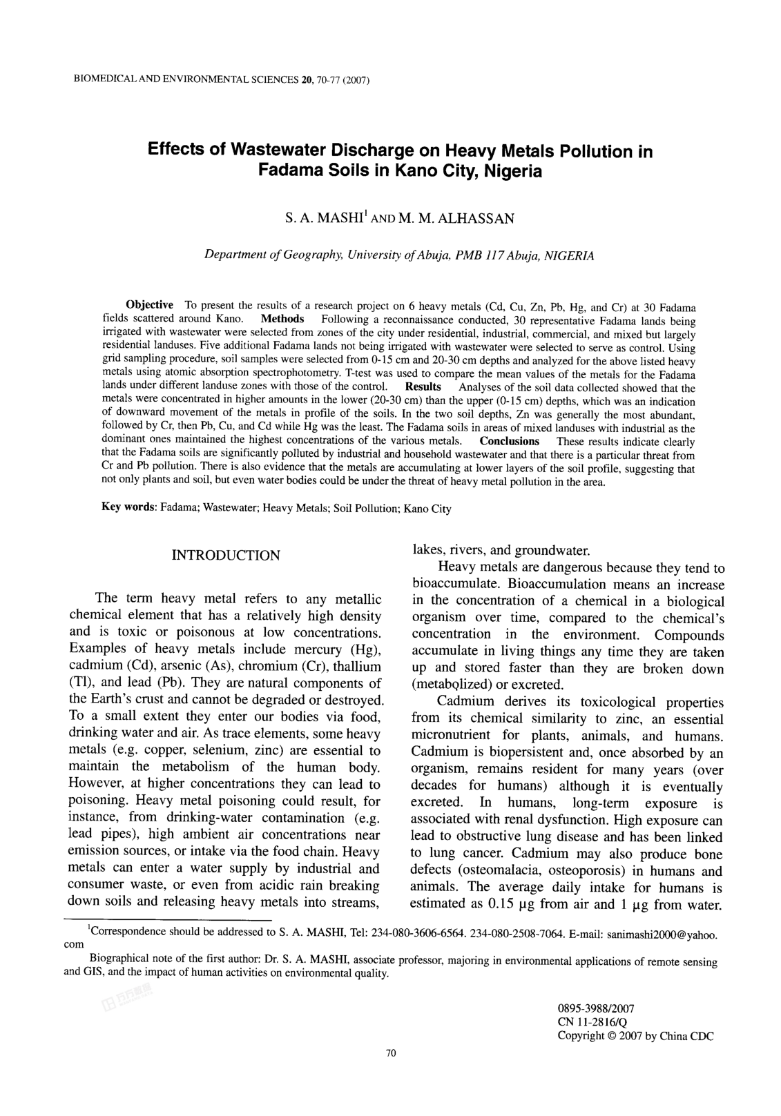 Effects of Wastewater Discharge on Heavy Metals Pollution in Fadama Soils in Kano City, Nigeria