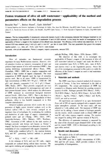 Fenton treatment of olive oil mill wastewater--applicability of the method and parameters effects on