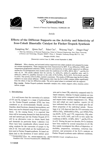 Effects of the Different Supports on the Activity and Selectivity of Iron-Cobalt Bimetallic Catalyst