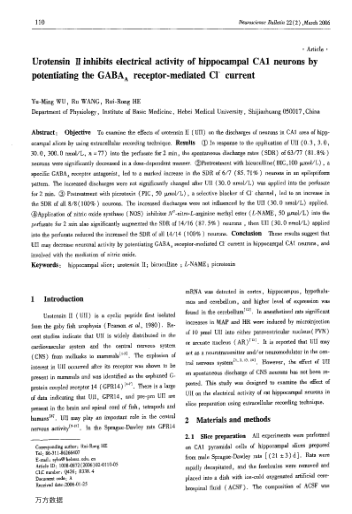 Urotensin Ⅱ inhibits electrical activity of hippocampal CA1 neurons by potentiating the GABAA recept