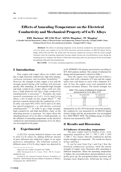 Effects of Annealing Temperature on the Electrical Conductivity and Mechanical Property of Cu-Te All
