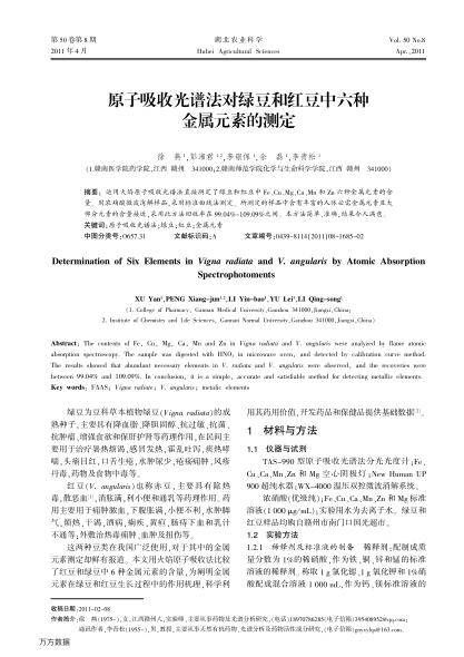 原子吸收光譜法對綠豆和紅豆中六種金屬元素的測定