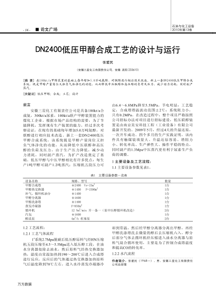 DN2400低壓甲醇合成工藝的設(shè)計與運行