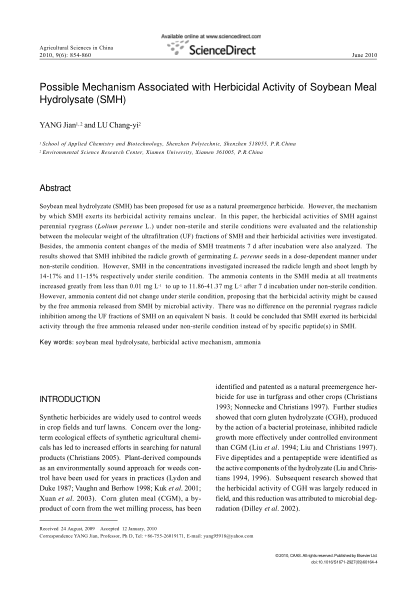 Possible Mechanism Associated with Herbicidal Activity of Soybean Meal Hydrolysate (SMH)