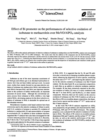 Effect of Bi promoter on the performances of selective oxidation of isobutane to methacrolein over M