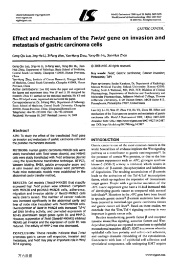 Effect and mechanism of the Twist gene on invasion and metastasis of gastric carcinoma cells